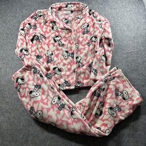 Munki Munki Peanuts Pajama Set Womens Large Pink Snoopy Hearts Fleece 2pc PJ